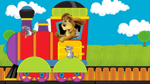 牧草地を通って行く漫画面白い蒸気機関車-子供のためのイラスト — ストック写真