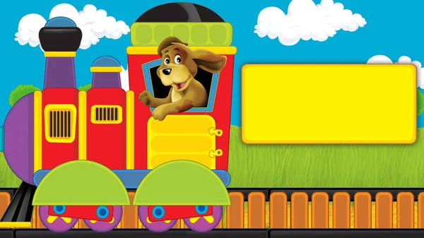 Rajzfilm vicces néz gőz vonat megy át a réten - illusztráció gyerekeknek — Stock Fotó