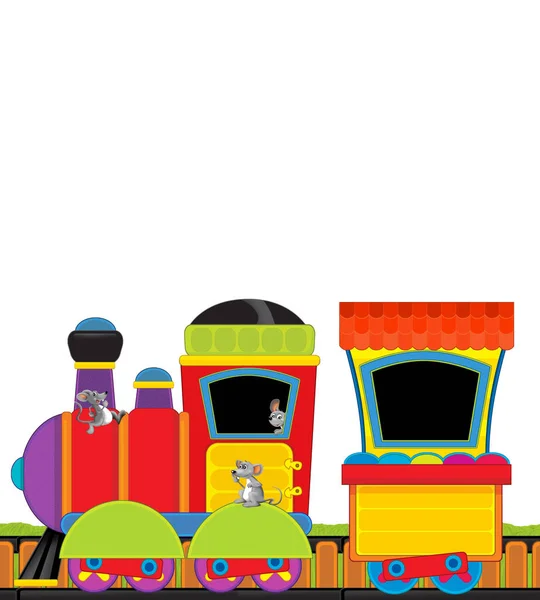 Cartoon steam train on tracks on white background space for text - illustration for children — Stock Photo, Image