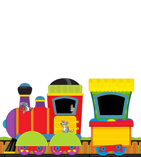 Cartoon steam train on tracks on white background space for text - illustration for children — Stock Photo, Image