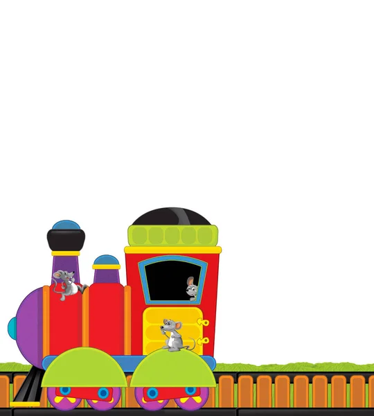 Cartoon steam train on tracks on white background space for text - illustration for children — Stock Photo, Image