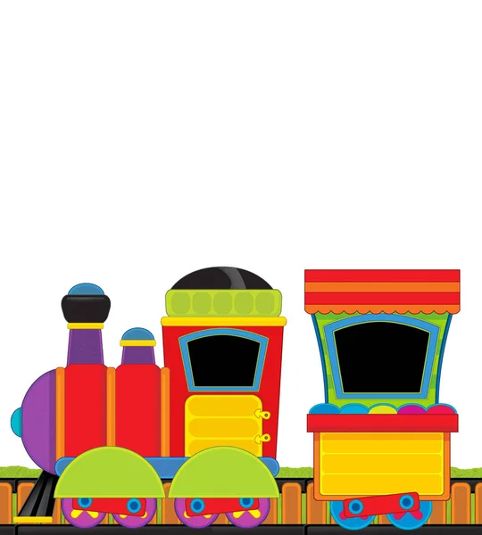 Kreskówkowy pociąg parowy na torach na białym tle przestrzeń na tekst - ilustracja dla dzieci — Zdjęcie stockowe