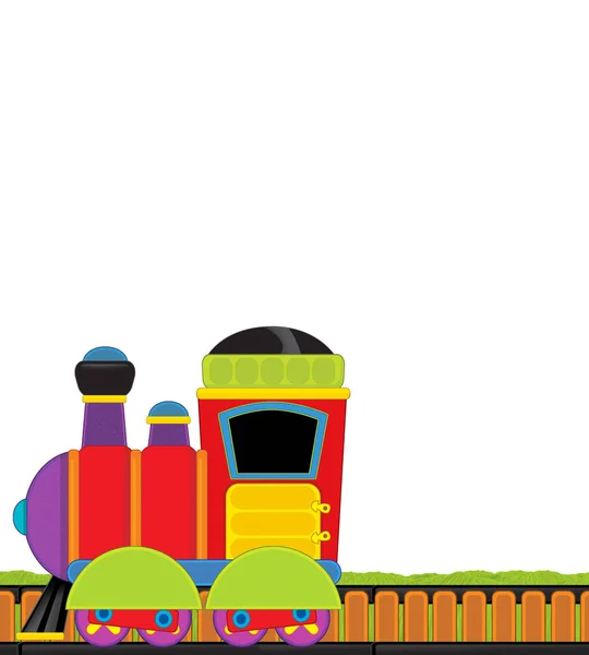 Cartoon steam train on tracks on white background space for text - illustration for children — ストック写真