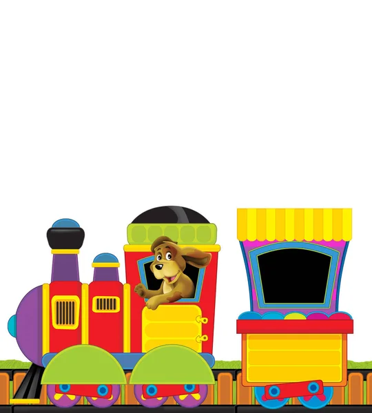 Cartoon steam train on tracks on white background space for text - illustration for children — Stock Photo, Image