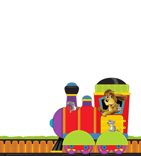 Мультяшный паровоз на дорожках на белом фоне для текста - иллюстрация для детей — стоковое фото
