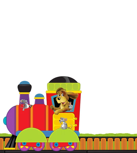 Cartoon steam train on tracks on white background space for text - illustration for children — Stock Photo, Image