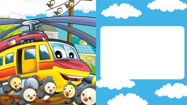 Cena dos desenhos animados com paisagem urbana com helicóptero voando ou pousando com quadro para texto - ilustração para crianças — Fotografia de Stock