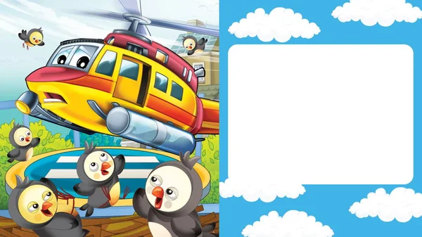 Cartoon scene with cityscape with helicopter flying or landing with frame for text - illustration for children — Stockfoto