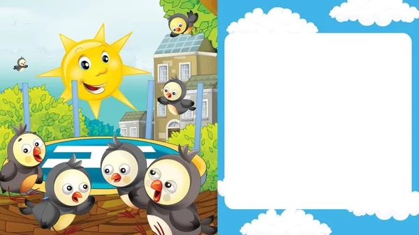 Cartoon scene with cityscape and birds flying or landing with frame for text - illustration for children — Stock Photo, Image