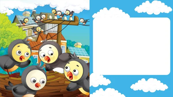 Cartoon scene met stadsgezicht en vogels vliegen of landen met frame voor tekst - illustratie voor kinderen — Stockfoto