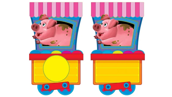 Desenhos animados engraçado olhando vagão a vapor com porco animal no fundo branco - ilustração para crianças — Fotografia de Stock