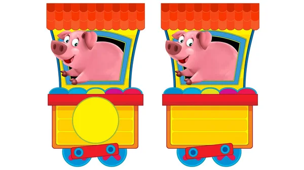 Tekenfilm grappig ogende stoomwagen met dier varken op witte achtergrond - illustratie voor kinderen — Stockfoto