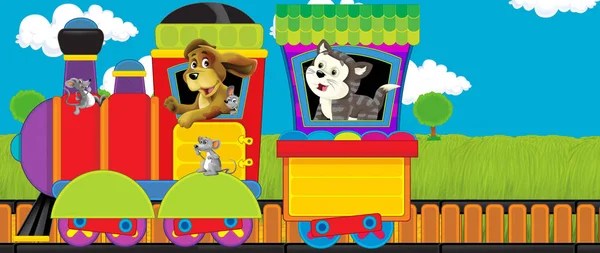 Cartoon lustig aussehende Dampfeisenbahn, die mit Nutztieren über die Wiese fährt - Illustration für Kinder — Stockfoto
