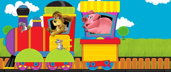 卡通形象滑稽的蒸汽火车与农场动物在草地上穿行- -儿童图解 — 图库照片