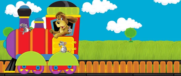 卡通画滑稽的蒸汽火车穿过草地.儿童图解 — 图库照片
