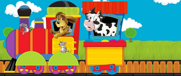農場の動物と牧草地を通って行く漫画の面白い蒸気機関車-子供のためのイラスト — ストック写真