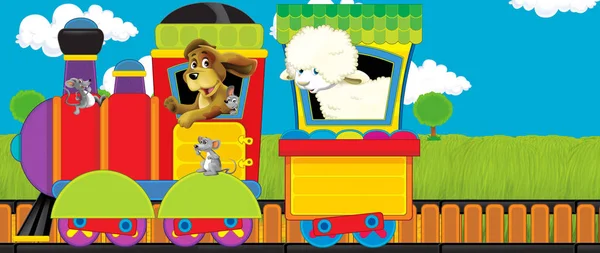 Γελοιογραφία αστείο αναζητούν τρένο ατμού διέρχεται από το λιβάδι με ζώα αγρόκτημα - εικονογράφηση για τα παιδιά — Φωτογραφία Αρχείου