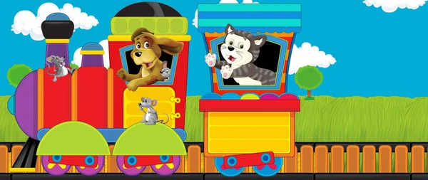 Kreskówkowy śmiesznie wyglądający pociąg parowy przechodzący przez łąkę ze zwierzętami gospodarskimi - ilustracja dla dzieci — Zdjęcie stockowe