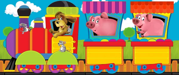 Kreskówkowy śmiesznie wyglądający pociąg parowy przechodzący przez łąkę ze zwierzętami gospodarskimi - ilustracja dla dzieci — Zdjęcie stockowe