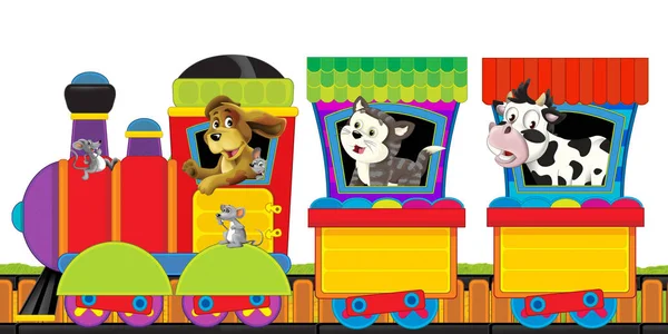 아이들을 위한 문자 그림 이 있는 흰 배경 공간에 가축들이 있는 그림이 그려진 그림이 그려진 만화 열차가 선로 위에 있다 — 스톡 사진