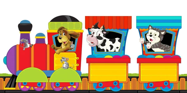 cartoon steam train on tracks with farm animals on white background space for text - illustration for children