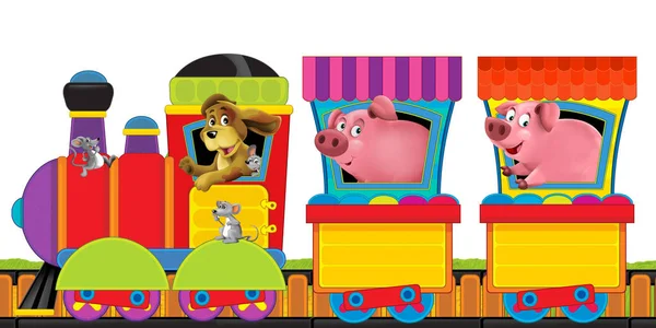 Tecknad ånga tåg på spår med husdjur på vit bakgrund utrymme för text - illustration för barn — Stockfoto