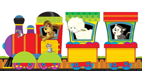 Мультяшний паровий поїзд на доріжках з сільськогосподарськими тваринами на білому тлі для тексту - ілюстрація для дітей — стокове фото