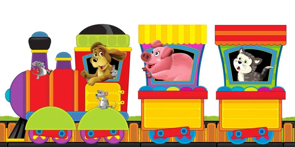 Tren de vapor de dibujos animados en vías con animales de granja en el espacio de fondo blanco para el texto - ilustración para los niños —  Fotos de Stock