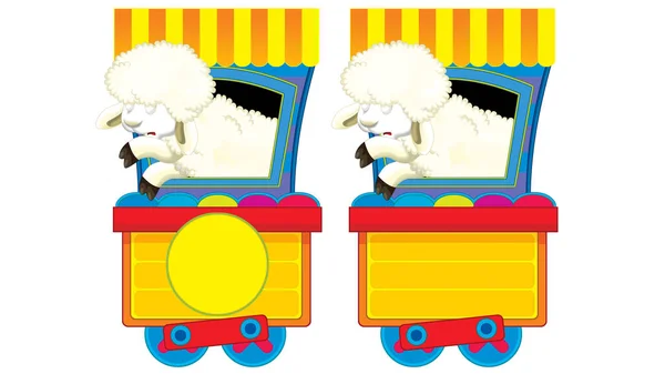 Kreskówkowy śmiesznie wyglądający wagon parowy z owcami na białym tle - ilustracja dla dzieci — Zdjęcie stockowe