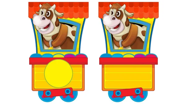 Kreskówkowy śmiesznie wyglądający wagon parowy ze zwierzęcą krową na białym tle - ilustracja dla dzieci — Zdjęcie stockowe