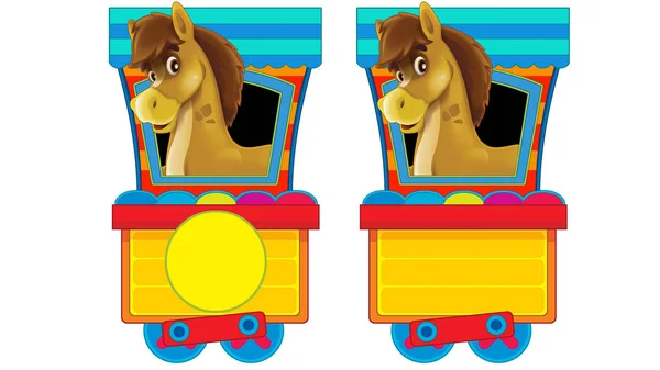 Kreskówkowy śmiesznie wyglądający wagon parowy ze zwierzęcym koniem na białym tle - ilustracja dla dzieci — Zdjęcie stockowe