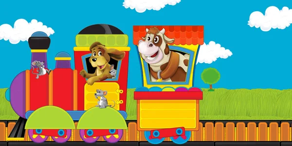 Beyaz arka planda çiftlik hayvanlarıyla raylarda buhar treni - çocuklar için illüstrasyon — Stok fotoğraf