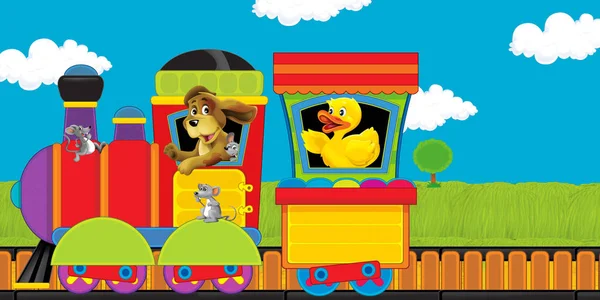 Cartoon steam train on tracks with farm animals on white background space for text - illustration for children — Stock Photo, Image
