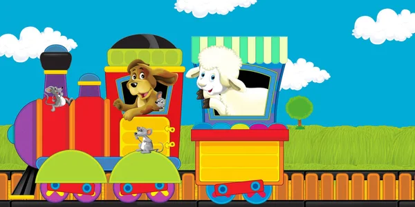 cartoon steam train on tracks with farm animals on white background space for text - illustration for children