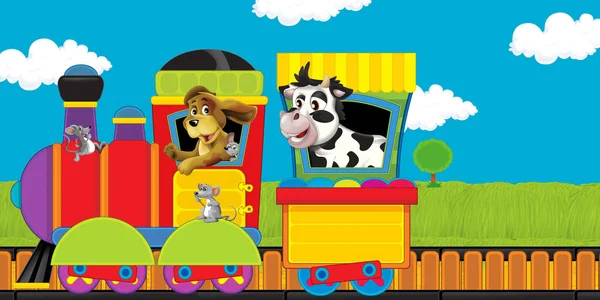 cartoon steam train on tracks with farm animals on white background space for text - illustration for children