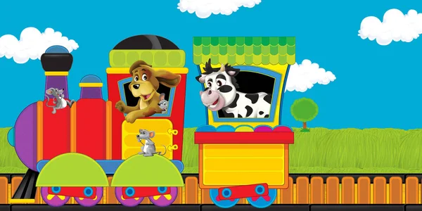 Tekenfilm stoomtrein op tracks met boerderijdieren op witte achtergrond ruimte voor tekst - illustratie voor kinderen — Stockfoto