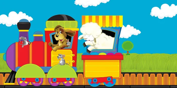 Cartoon steam train on tracks with farm animals on white background space for text - illustration for children — Stock Photo, Image