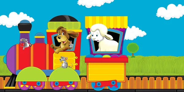 Tecknad ånga tåg på spår med husdjur på vit bakgrund utrymme för text - illustration för barn — Stockfoto