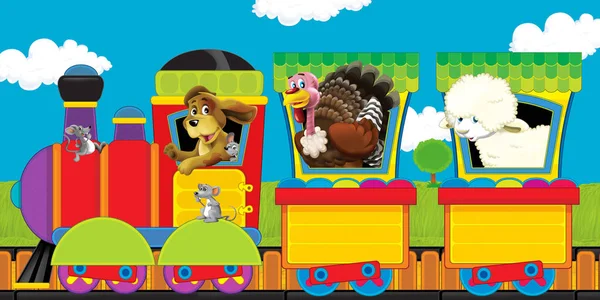 cartoon steam train on tracks with farm animals on white background space for text - illustration for children