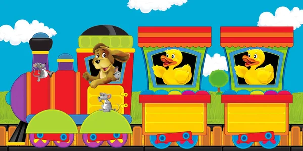 cartoon steam train on tracks with farm animals on white background space for text - illustration for children