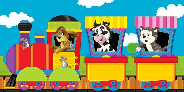 Beyaz arka planda çiftlik hayvanlarıyla raylarda buhar treni - çocuklar için illüstrasyon — Stok fotoğraf