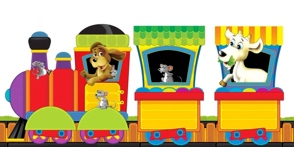 Cartoon steam train on tracks with farm animals on white background space for text - illustration for children — Stock Photo, Image