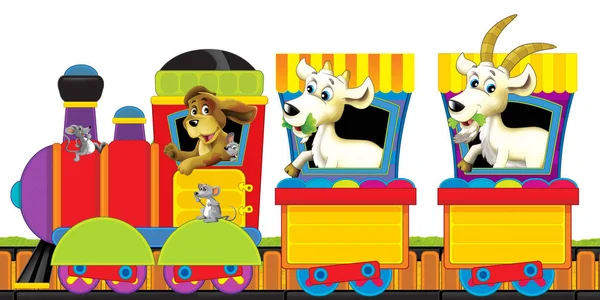 cartoon steam train on tracks with farm animals on white background space for text - illustration for children