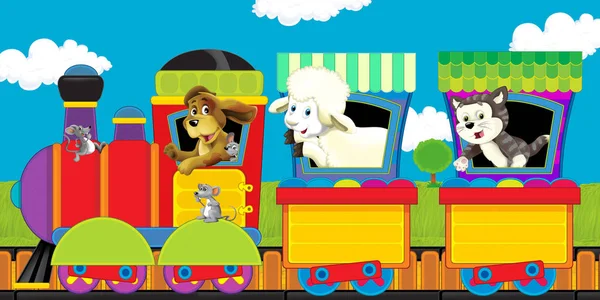 卡通蒸汽火车与农场动物在白色背景空间的轨道上的文字.儿童图解 — 图库照片