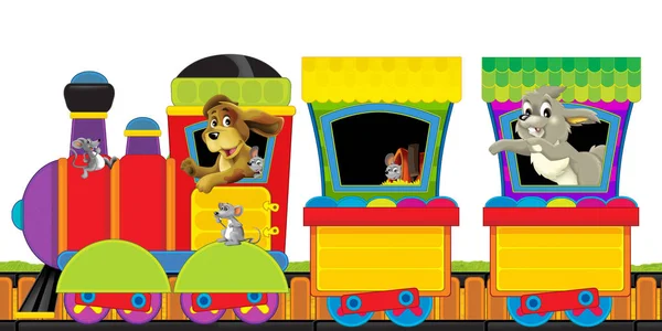 Cartoon steam train on tracks with farm animals on white background space for text - illustration for children — Stock Photo, Image