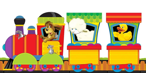 Tren de vapor de dibujos animados en vías con animales de granja en el espacio de fondo blanco para el texto - ilustración para los niños —  Fotos de Stock