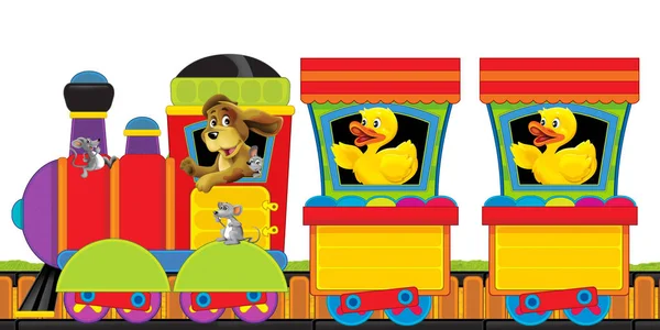 Cartoon steam train on tracks with farm animals on white background space for text - illustration for children — Stock Photo, Image