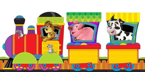 Cartoon steam train on tracks with farm animals on white background space for text - illustration for children — Stock Photo, Image