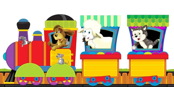 Rajzfilm gőz vonat pályákon haszonállatok fehér háttér szöveges - illusztráció gyerekeknek — Stock Fotó