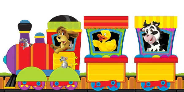 Kereta api uap kartun di trek dengan hewan ternak di latar belakang putih untuk teks ilustrasi untuk anak-anak — Stok Foto